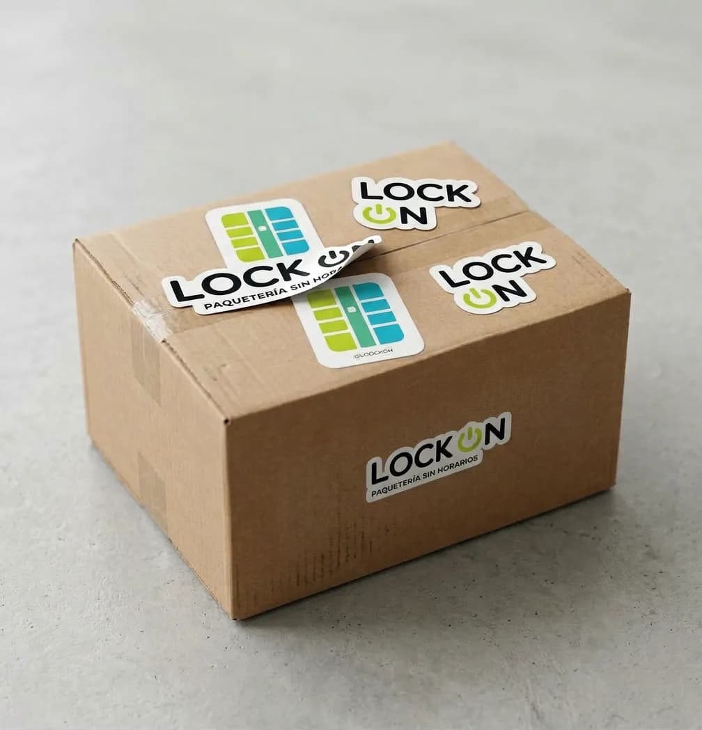 Paquete de un e-commerce con stickers de LockOn, listo para el punto de retiro
